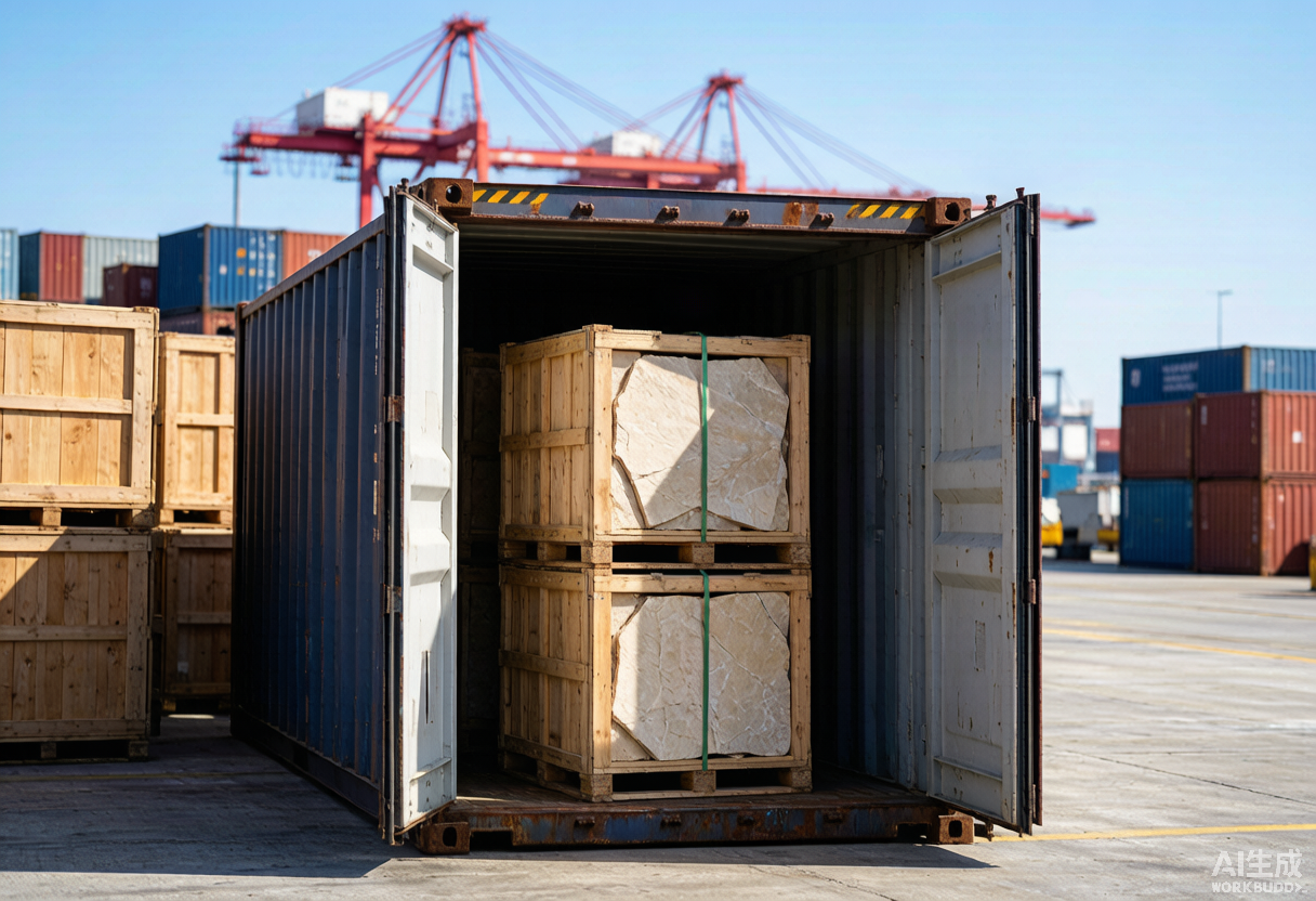 A 40-foot shipping container loaded with wooden crates of natural stone slabs at an international seaport