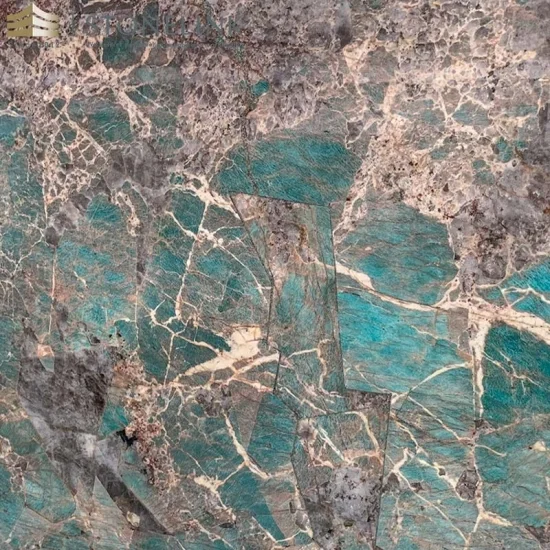 Backlit Amazon green quartzite slab