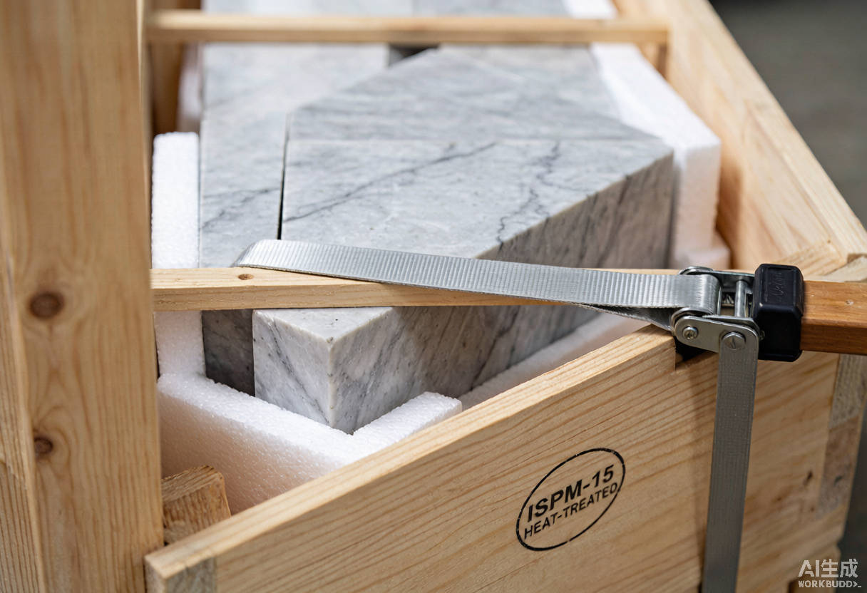 Close-up of an ISPM-15 heat-treated wooden export crate packed with foam-protected marble slabs