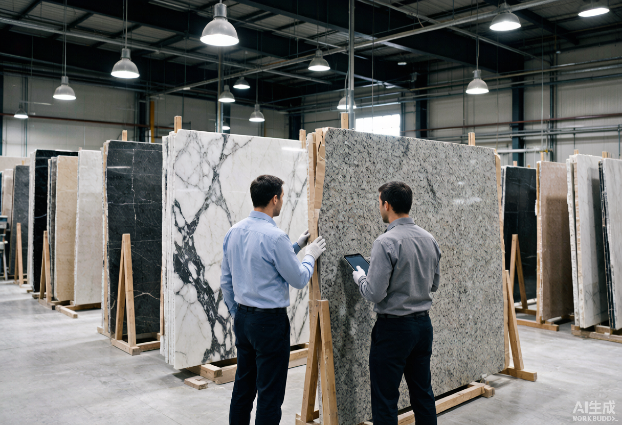 Inside a natural stone processing factory, workers inspecting polished granite and marble slabs