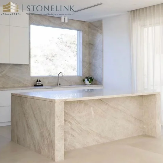 Madre Perola beige quartzite stone kitchen island