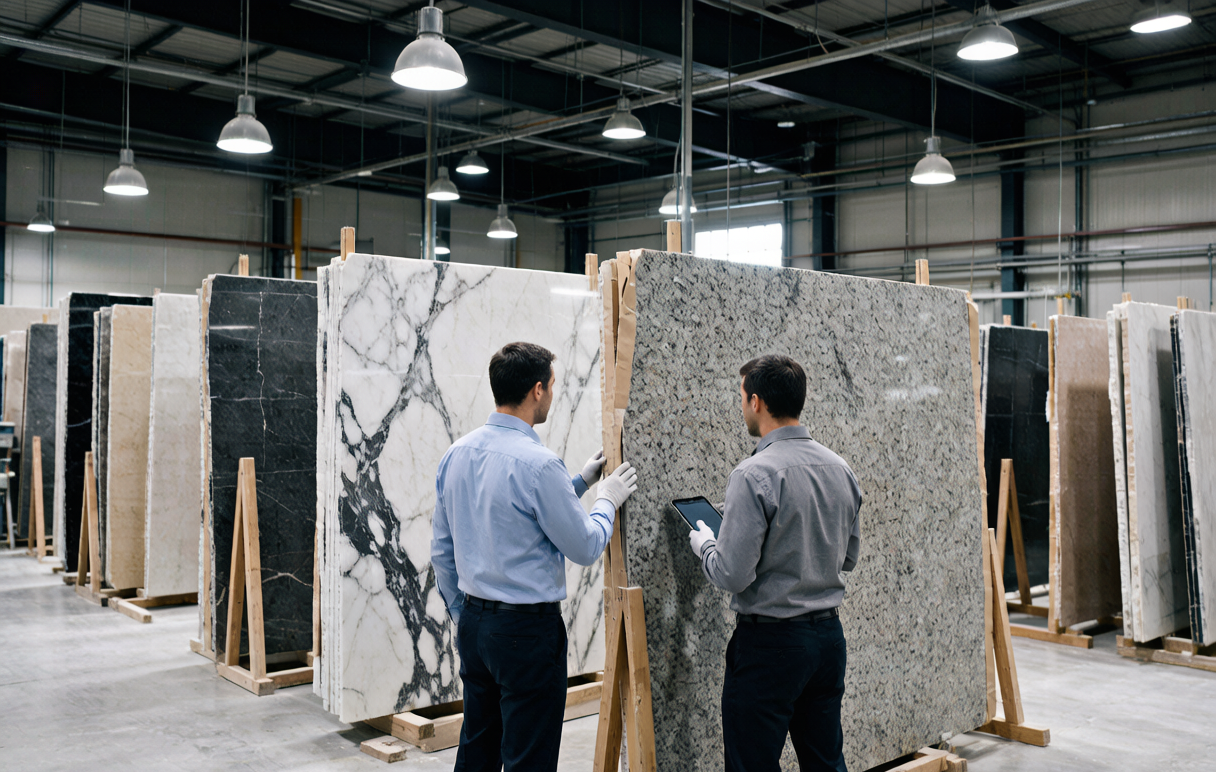 Stone factory interior with workers processing marble and granite slabs under QC inspection