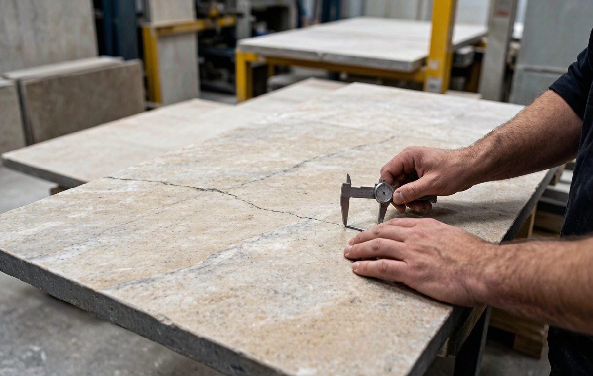 Quality control inspector checking a polished stone slab with measuring tools