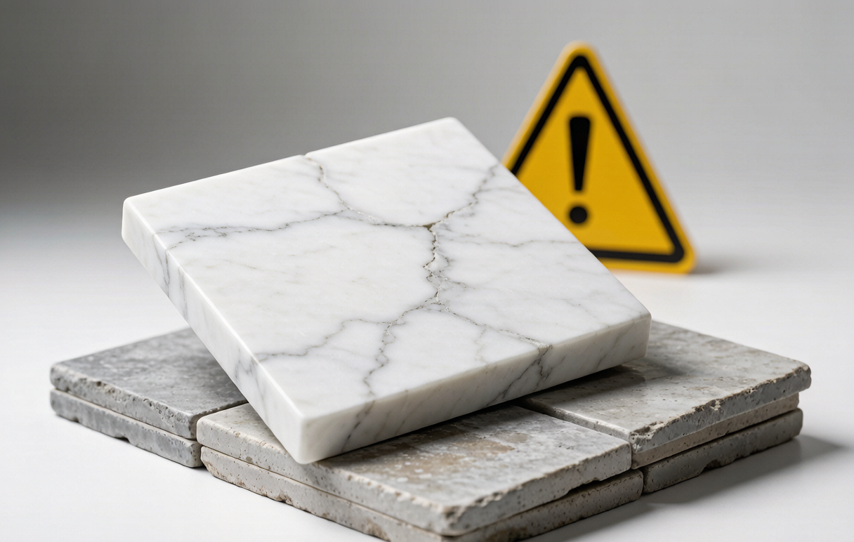 Concept illustration of warning signs and low-quality stone indicating supplier risk